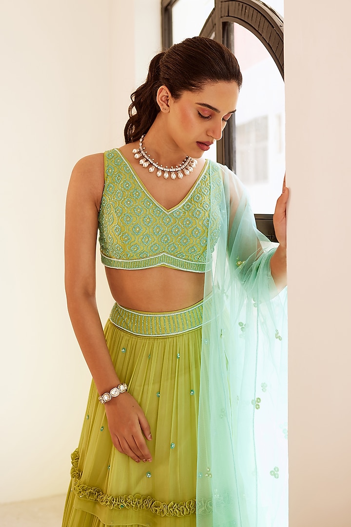 Green Georgette & Silk Layered Wedding Lehenga Set by SONAL PASRIJA at Pernia's Pop Up Shop