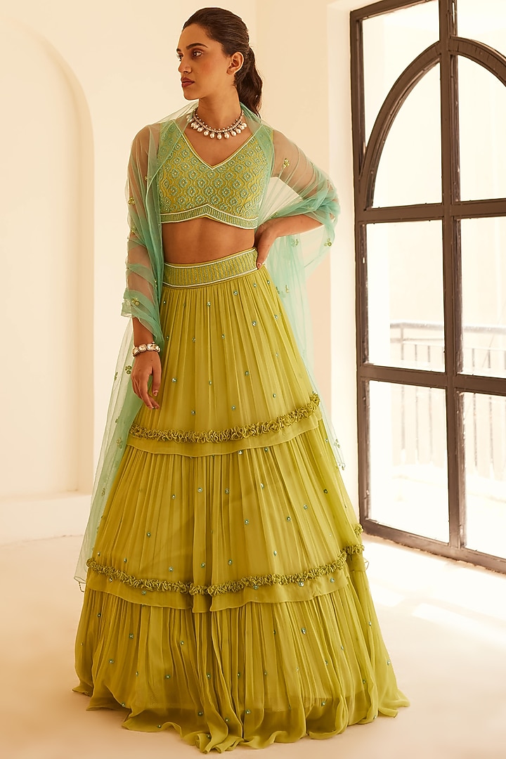 Green Georgette & Silk Layered Wedding Lehenga Set by SONAL PASRIJA at Pernia's Pop Up Shop