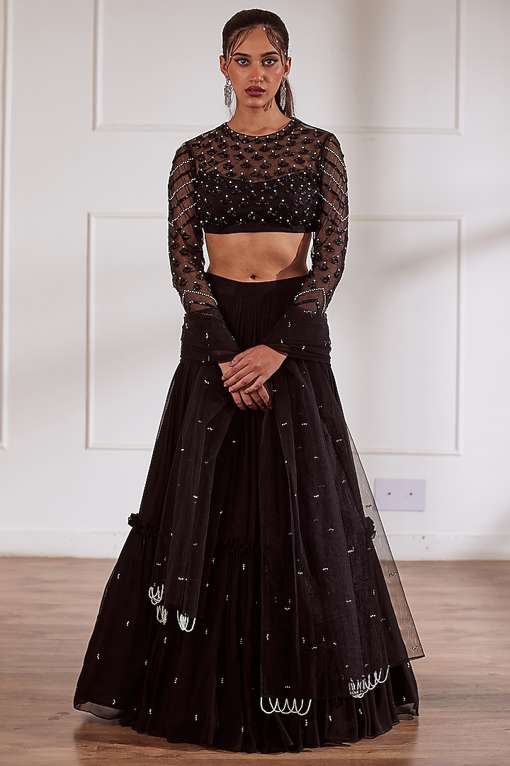 Black Georgette Layered Lehenga Set by SONAL PASRIJA