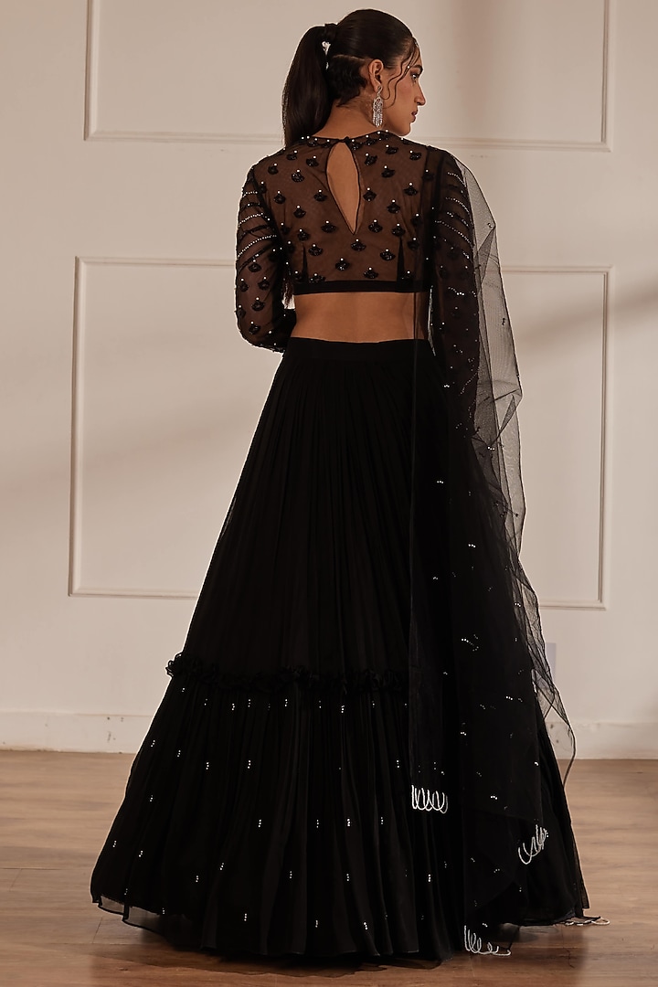 Black Georgette Layered Wedding Lehenga Set by SONAL PASRIJA at Pernia's Pop Up Shop