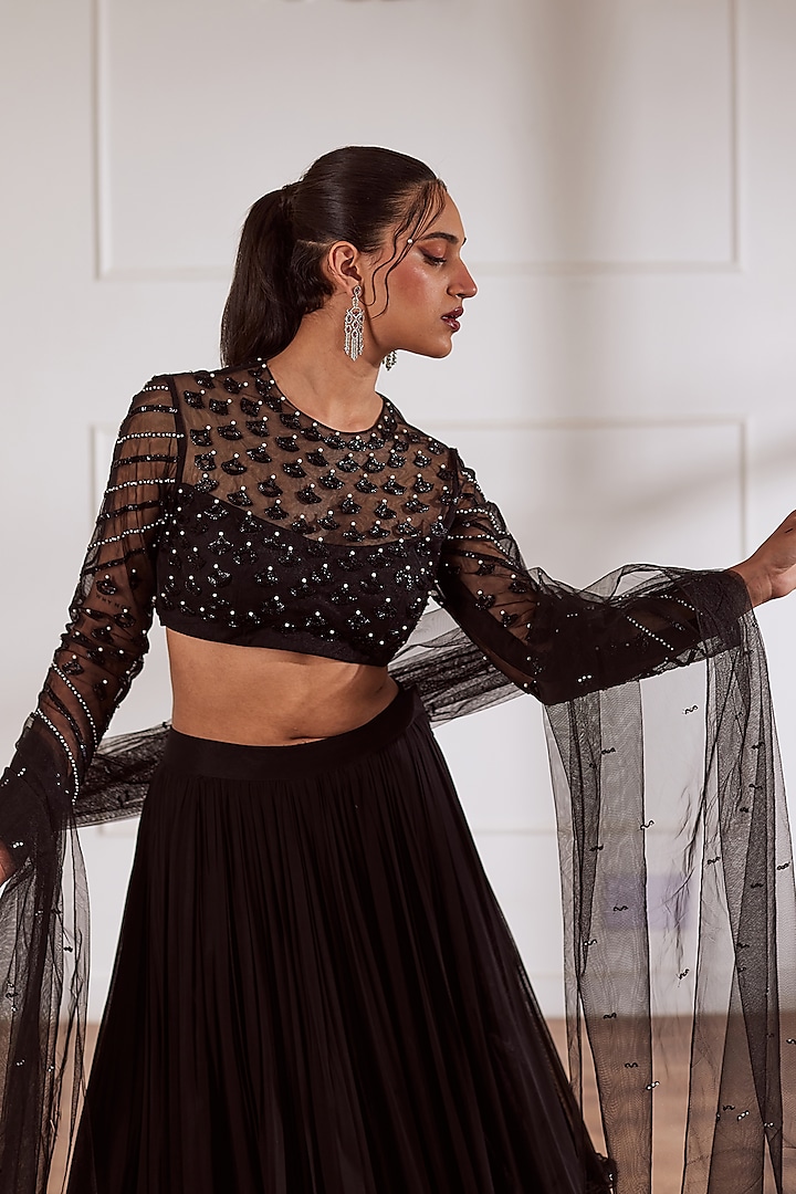 Black Georgette Layered Wedding Lehenga Set by SONAL PASRIJA at Pernia's Pop Up Shop