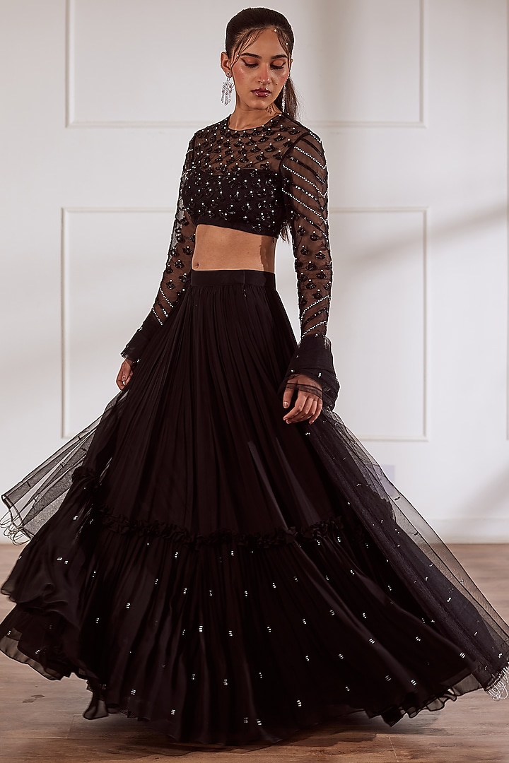 Black Georgette Layered Wedding Lehenga Set by SONAL PASRIJA at Pernia's Pop Up Shop