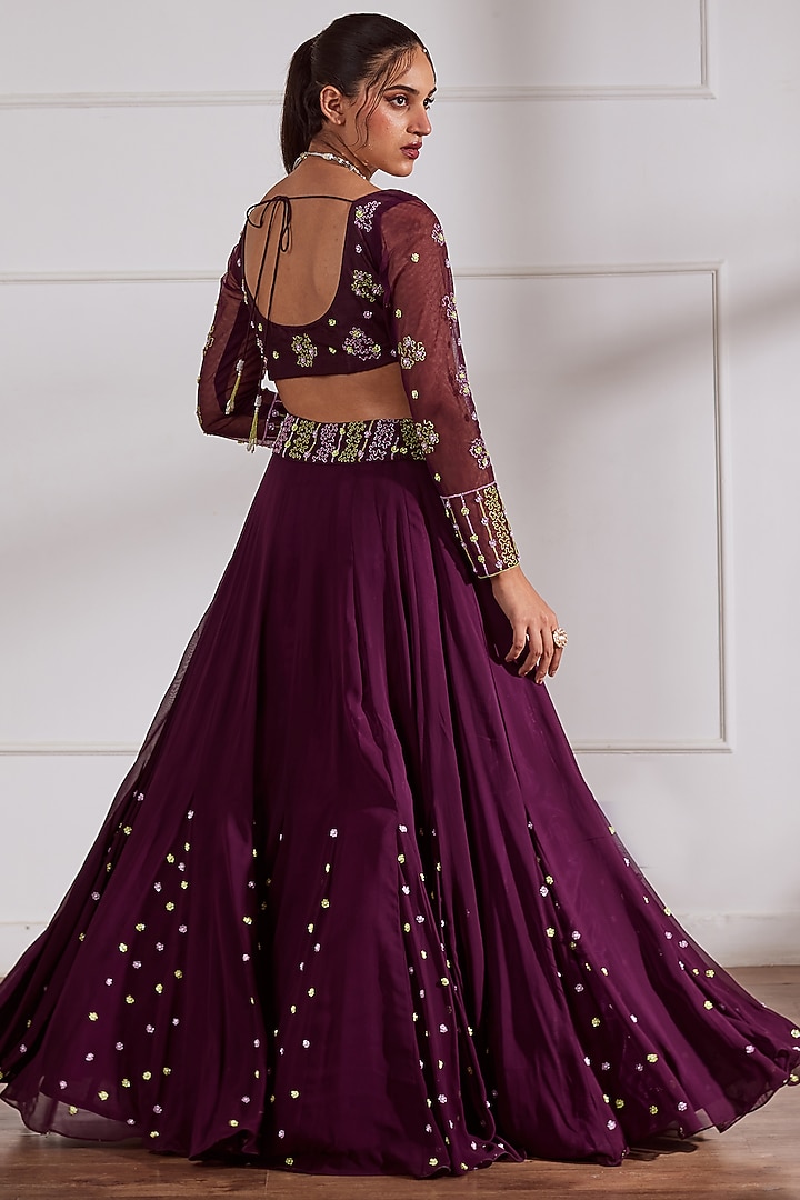 Wine Georgette & Silk Kalidar Wedding Lehenga Set by SONAL PASRIJA at Pernia's Pop Up Shop