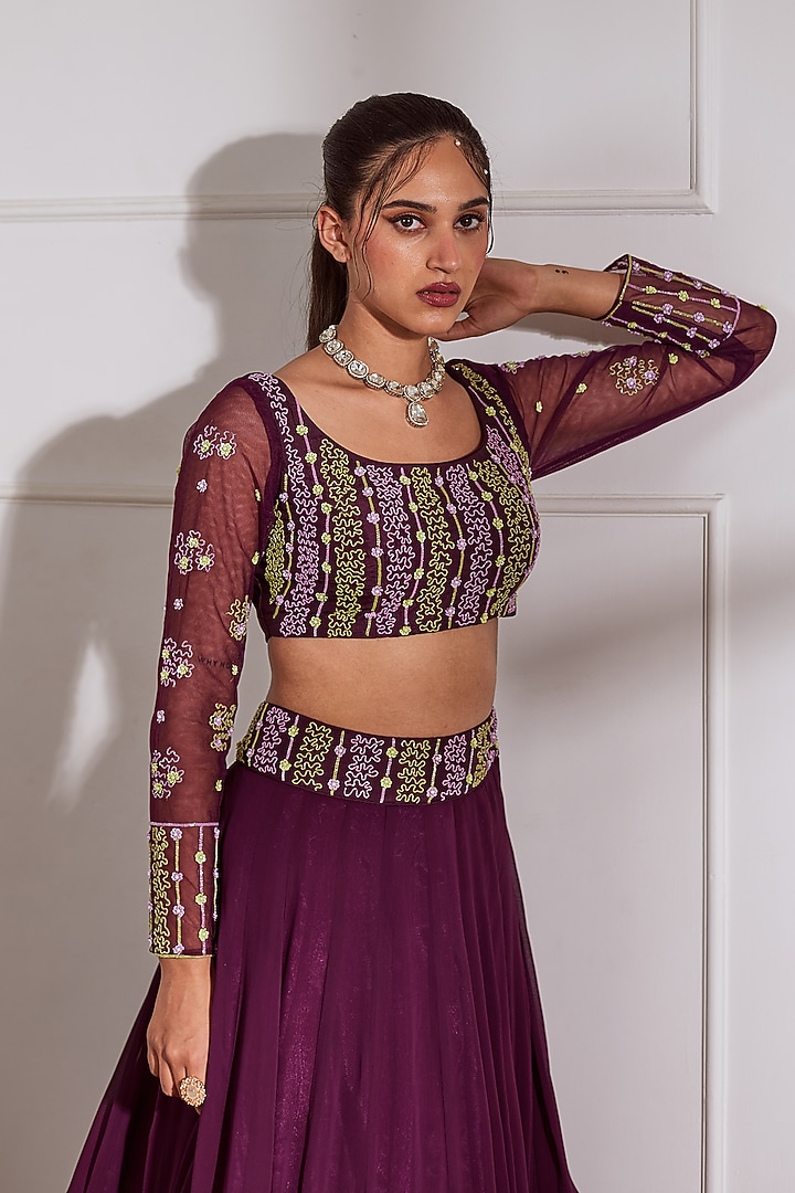 Wine Georgette & Silk Kalidar Wedding Lehenga Set by SONAL PASRIJA at Pernia's Pop Up Shop