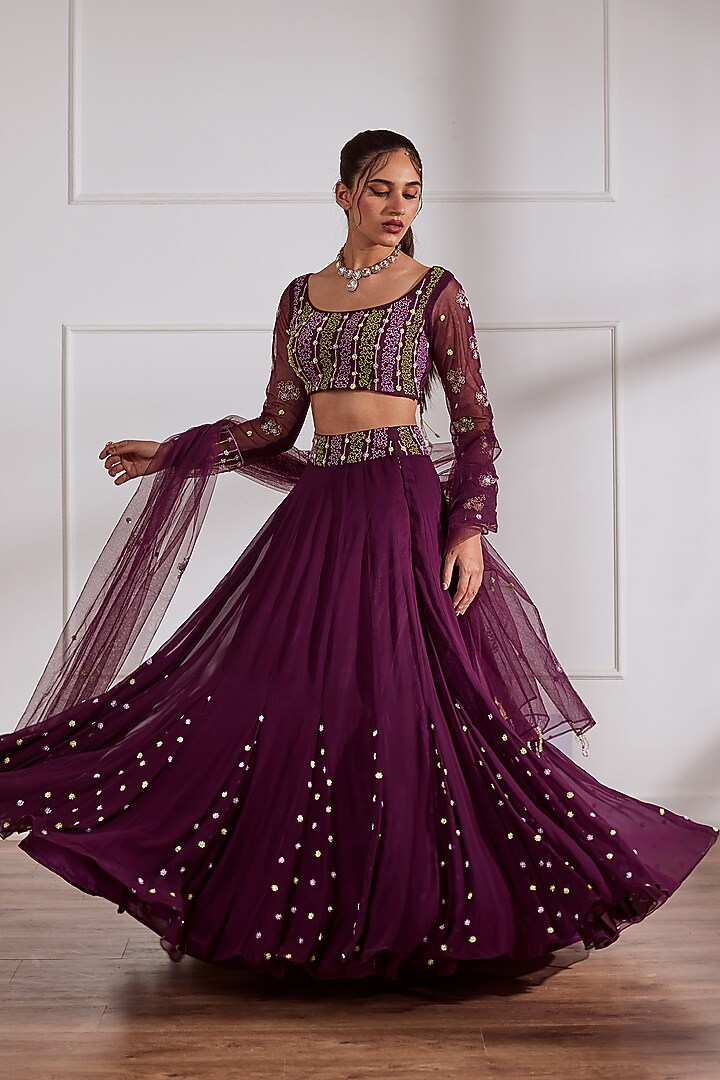 Wine Georgette & Silk Kalidar Wedding Lehenga Set by SONAL PASRIJA at Pernia's Pop Up Shop