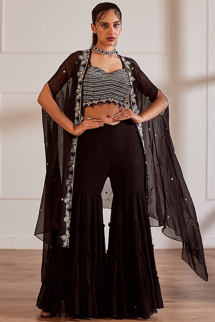 Black Organza Embellished Cape Set by SONAL PASRIJA at Pernia's Pop Up Shop