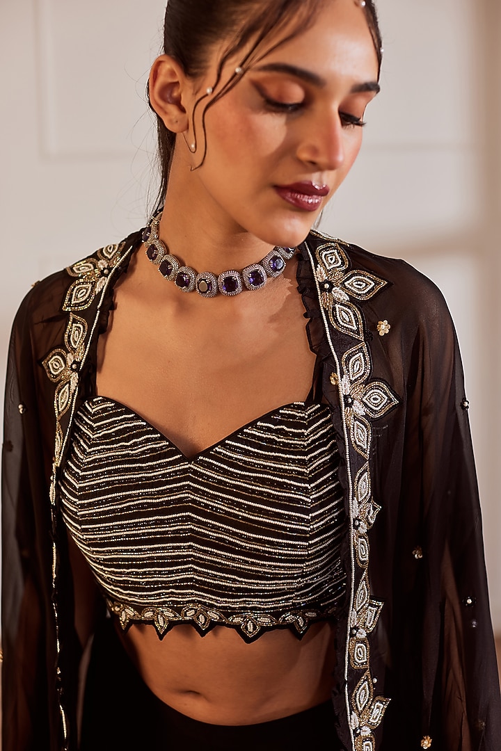 Black Organza Embellished Cape Set by SONAL PASRIJA at Pernia's Pop Up Shop