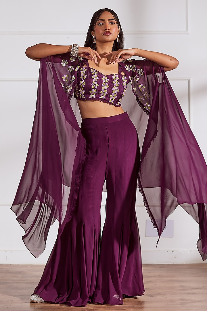 Wine Georgette Embroidered Cape Set by SONAL PASRIJA at Pernia's Pop Up Shop