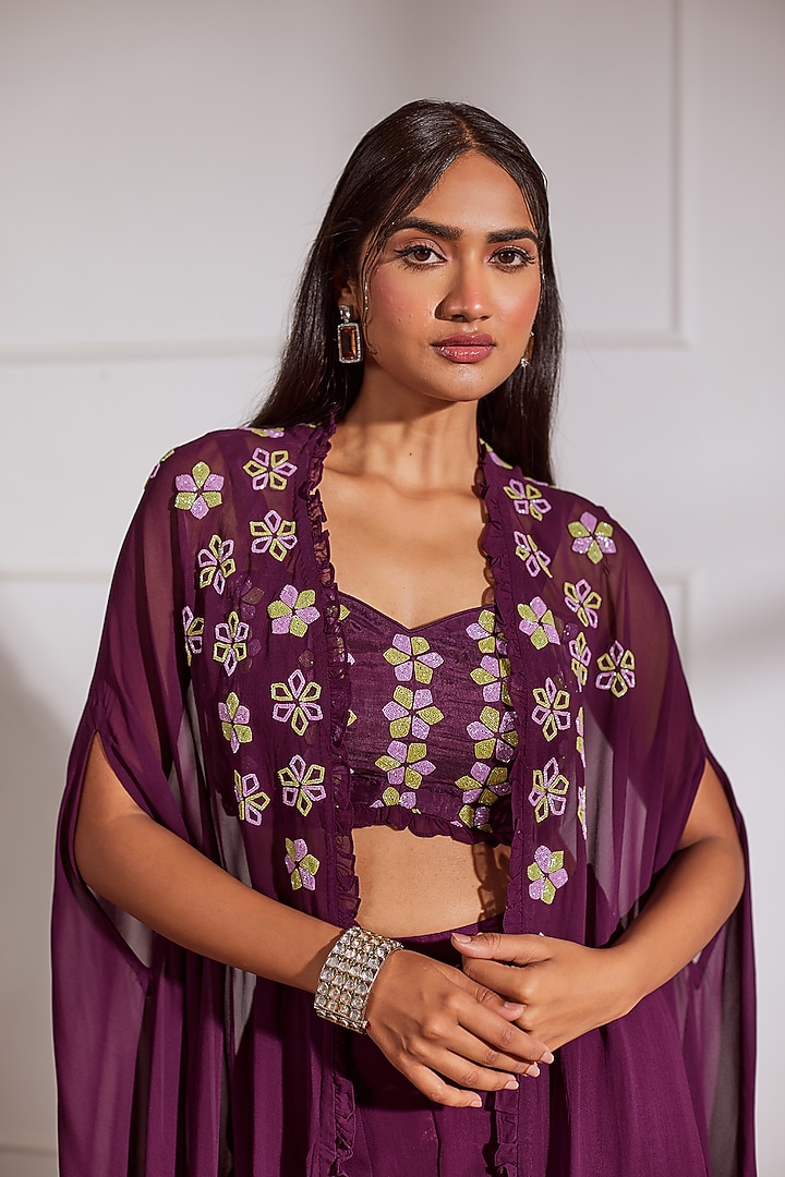 Wine Georgette Embroidered Cape Set by SONAL PASRIJA at Pernia's Pop Up Shop