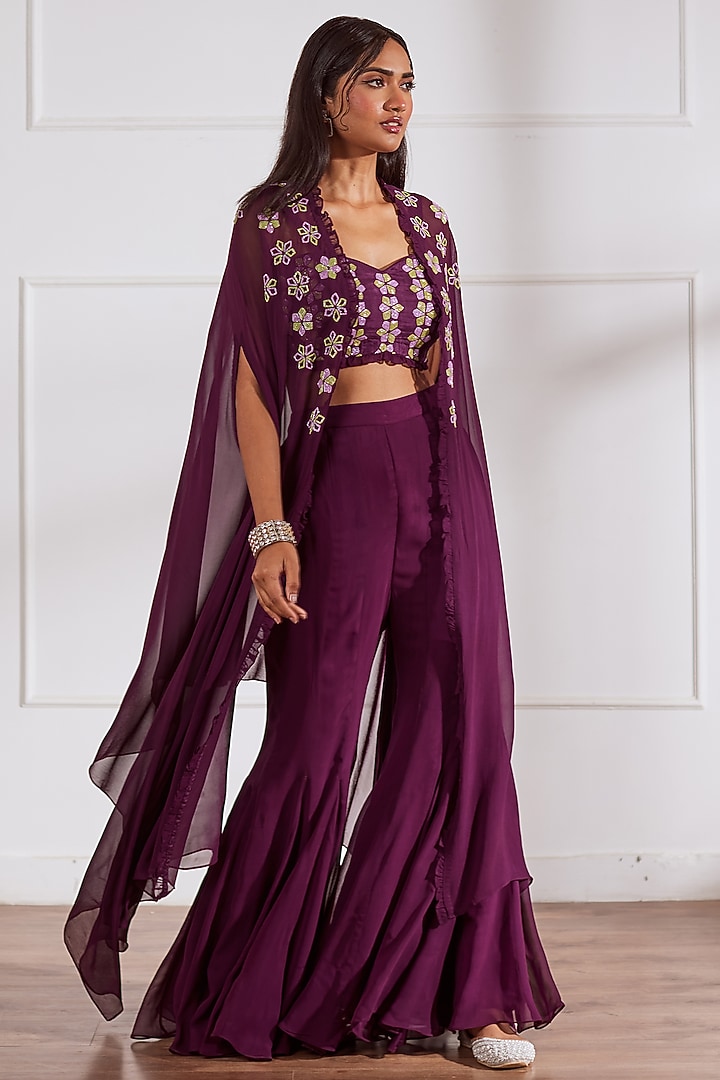 Wine Georgette Embroidered Cape Set by SONAL PASRIJA at Pernia's Pop Up Shop