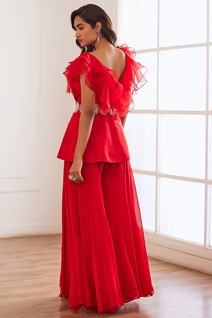 Red Georgette & Silk Party Wear Sharara Set by SONAL PASRIJA at Pernia's Pop Up Shop