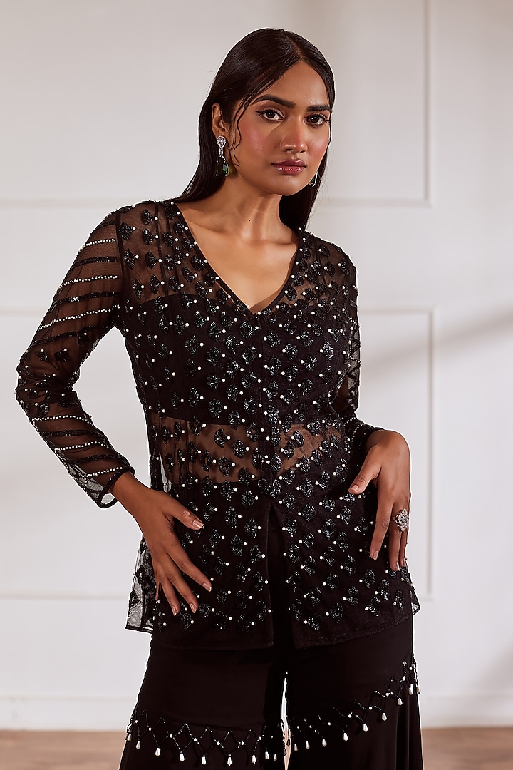 Black Georgette Gharara Set by SONAL PASRIJA at Pernia's Pop Up Shop