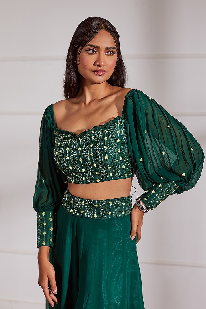 Bottle Green Georgette & Upada Silk Party Wear Sharara Set by SONAL PASRIJA at Pernia's Pop Up Shop