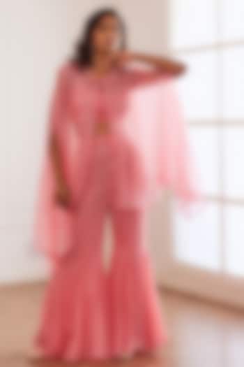 Peachish-Pink Organza Embellished Cape Set by SONAL PASRIJA at Pernia's Pop Up Shop
