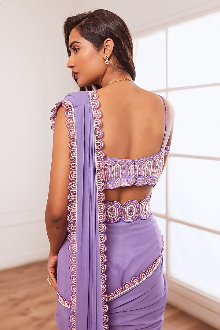 Lavender Georgette & Organza Embroidered Pre-Draped Wedding Saree Set by SONAL PASRIJA at Pernia's Pop Up Shop