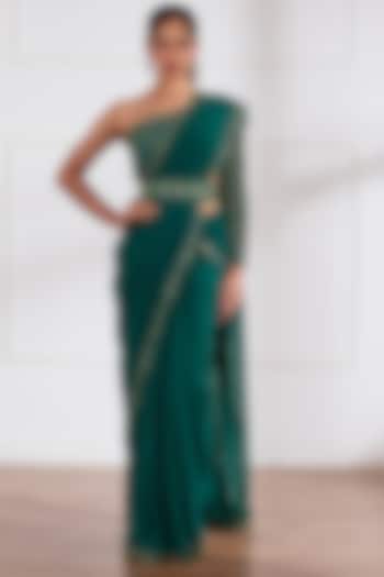 Embellished Bottle Green Georgette Pre-Draped Saree Gown With Attached Dupatta main image 1