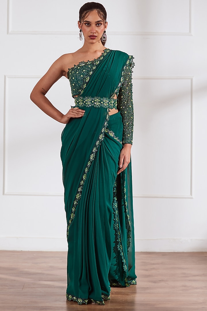 Bottle Green Silk & Georgette Embroidered Pre-Draped Wedding Saree Set by SONAL PASRIJA at Pernia's Pop Up Shop