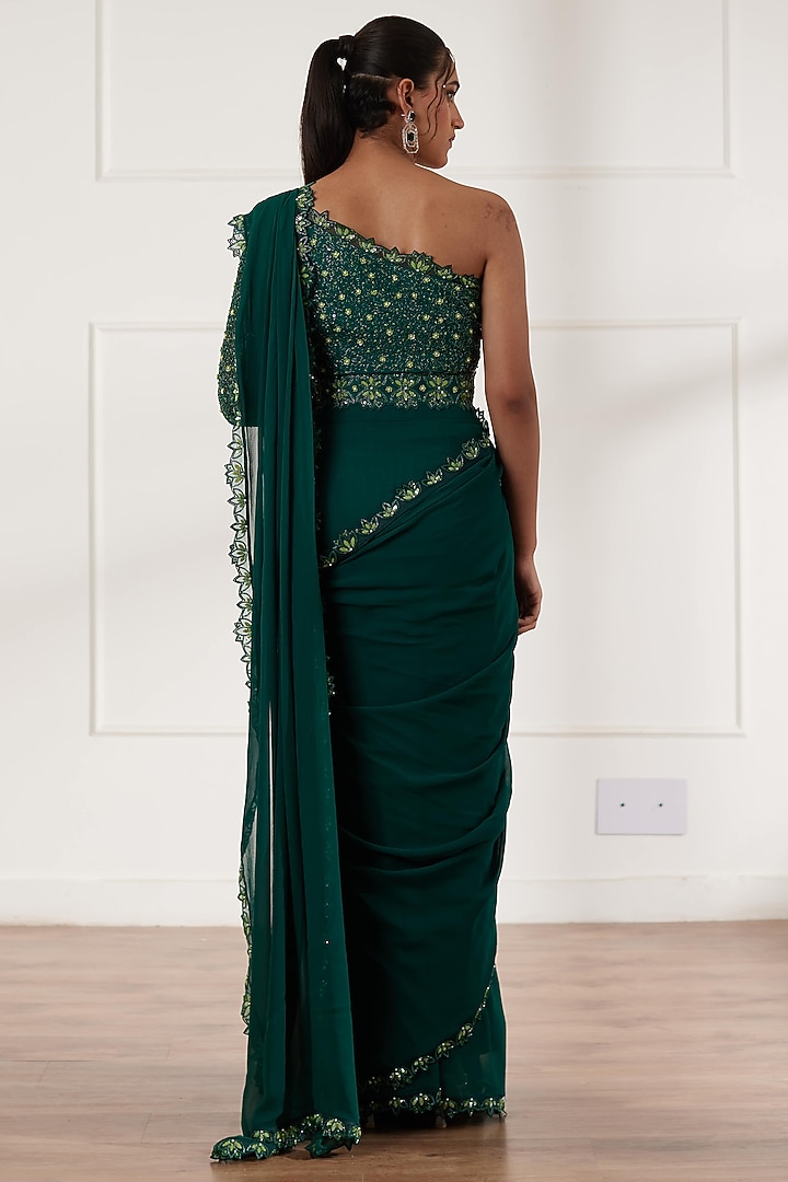 Bottle Green Silk & Georgette Embroidered Pre-Draped Wedding Saree Set by SONAL PASRIJA at Pernia's Pop Up Shop