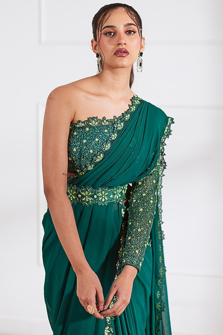 Bottle Green Silk & Georgette Embroidered Pre-Draped Wedding Saree Set by SONAL PASRIJA at Pernia's Pop Up Shop