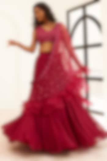 Plum Georgette & Organza Kalidar Wedding Lehenga Saree Set by SONAL PASRIJA at Pernia's Pop Up Shop