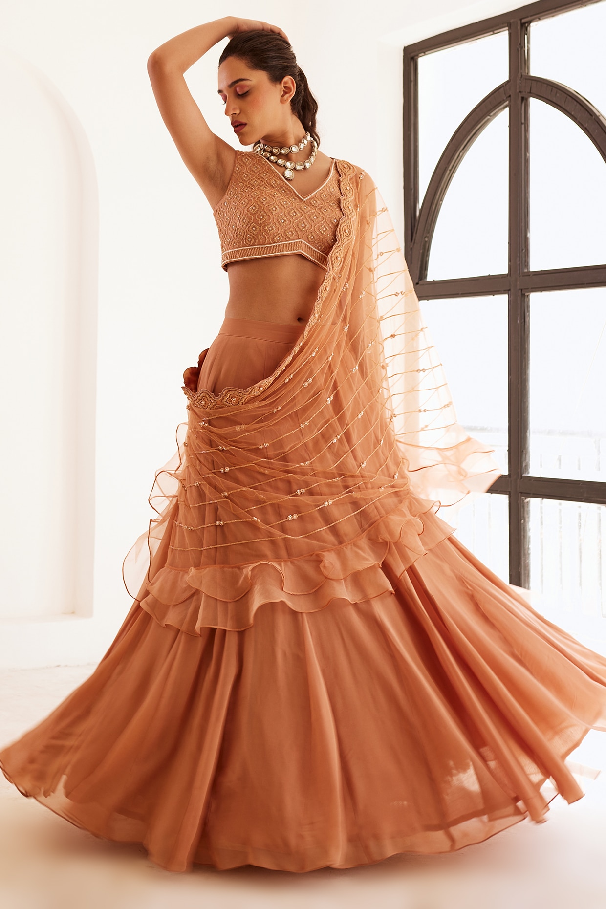 Peach lehenga with pink pattu border half saree | Long sleeve floral maxi  dress, Half saree designs, Saree models
