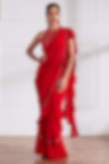 Red Georgette & Upada Silk Frilled Pre-Draped Saree Set by SONAL PASRIJA