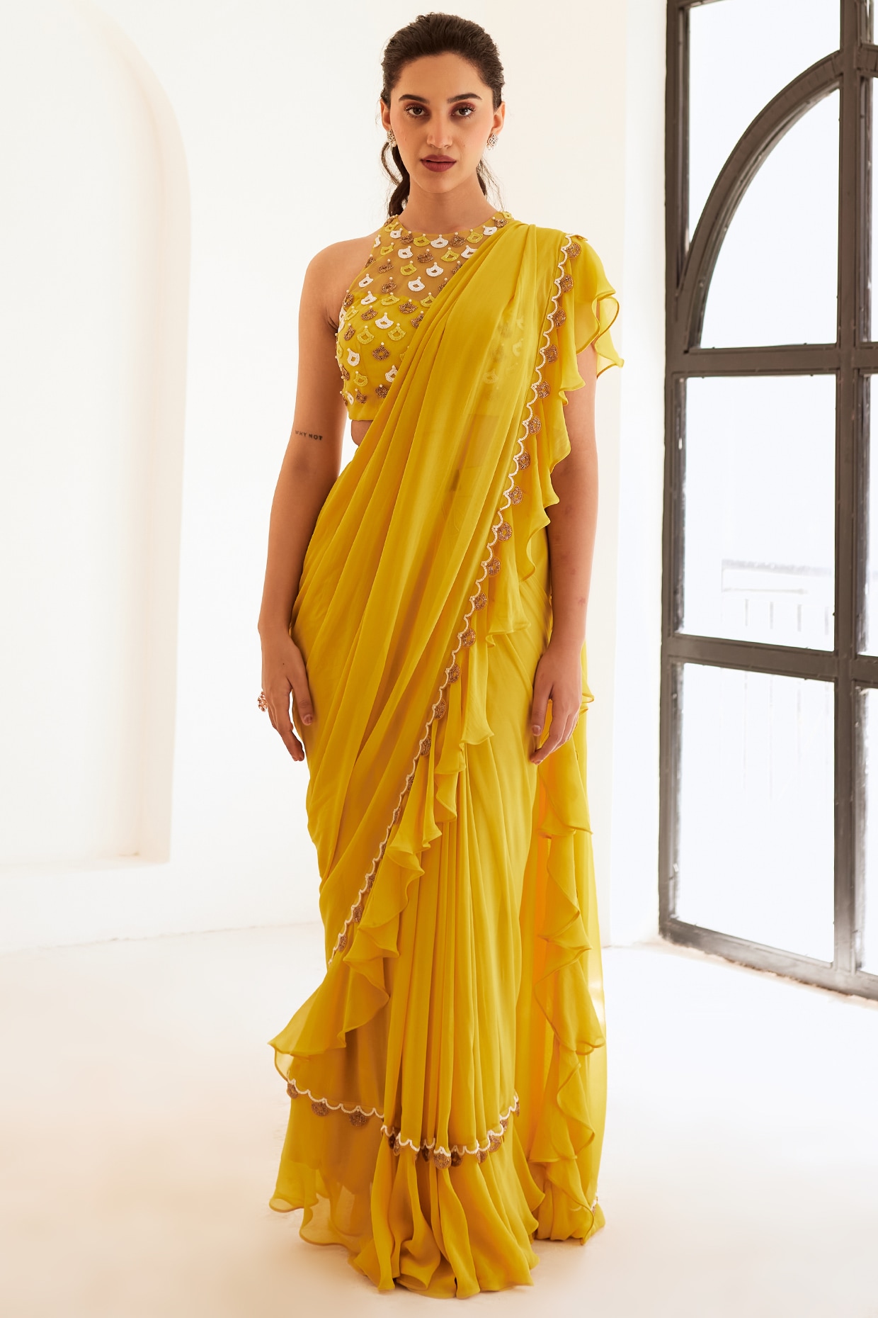 Buy Yellow Embroidered Floral Sweetheart Neck Pre-draped Ruffle Saree Set  For Women by Asaga Online at Aza Fashions.