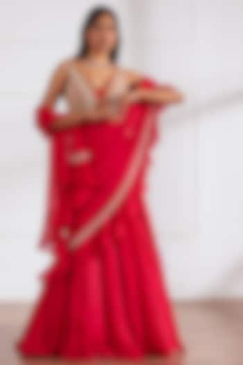 Coral Red Georgette & Organza Cutdana Hand Embroidered Lehenga Saree Set by SONAL PASRIJA at Pernia's Pop Up Shop