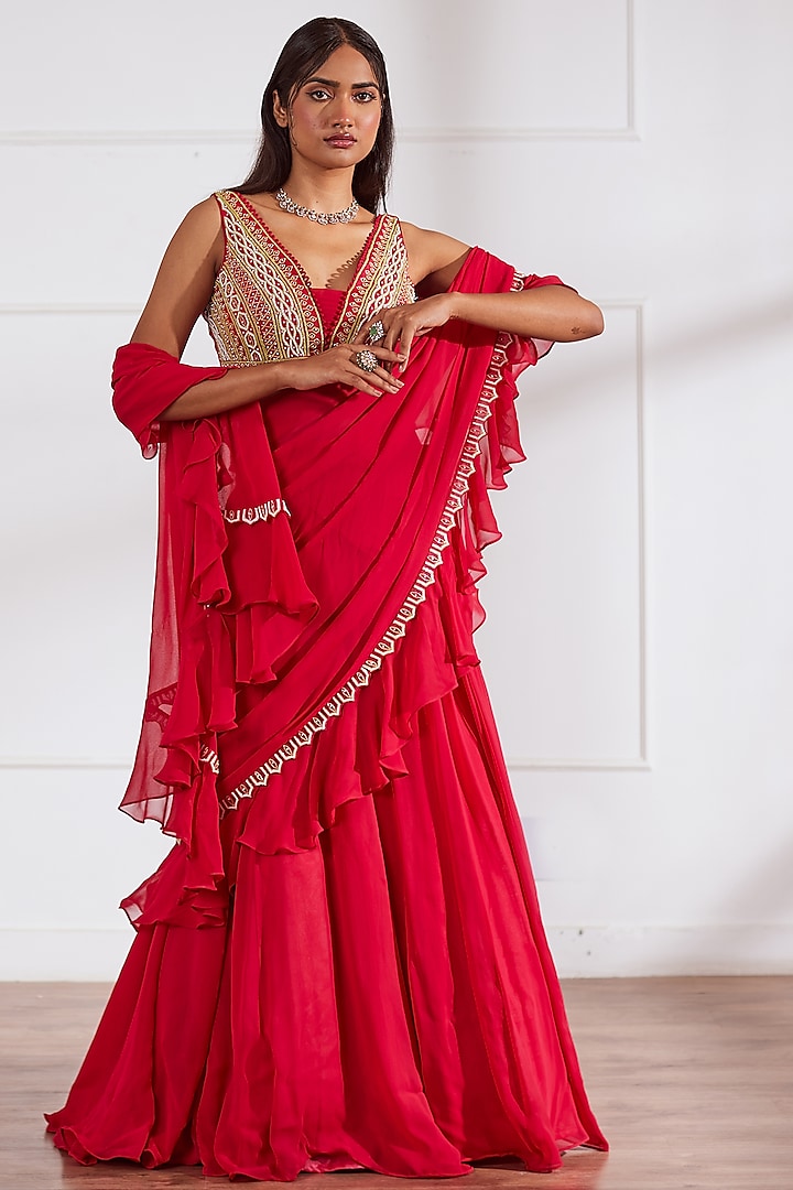 Coral Red Georgette & Organza Cutdana Hand Embroidered Lehenga Saree Set by SONAL PASRIJA at Pernia's Pop Up Shop