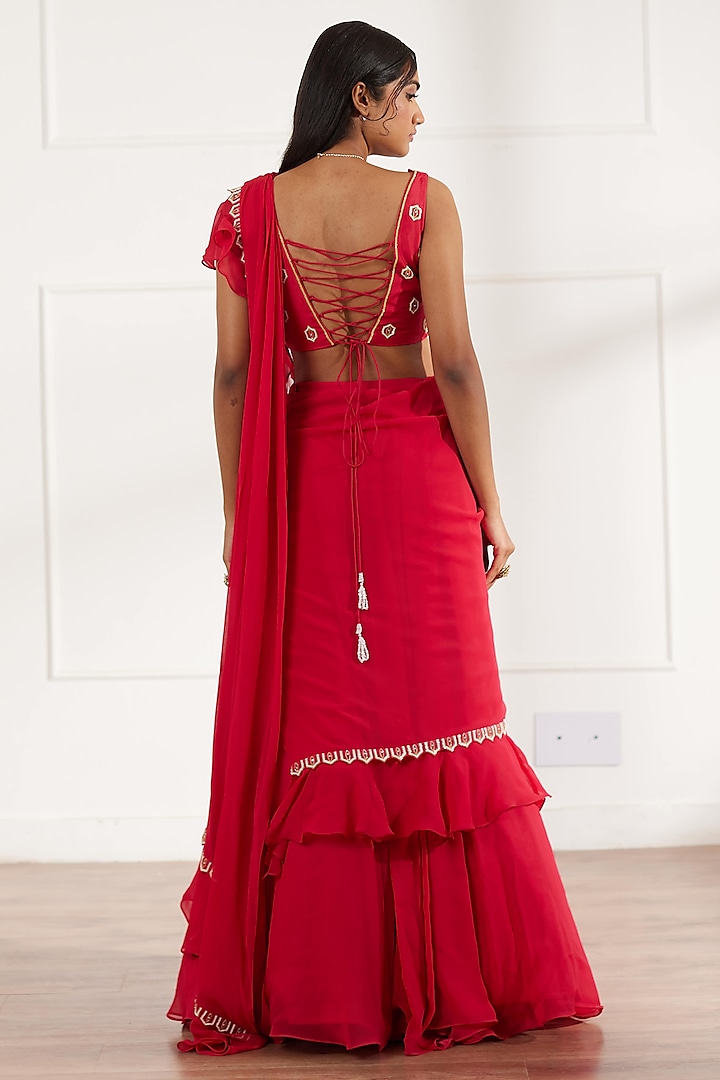 Coral Red Georgette & Organza Cutdana Hand Embroidered Wedding Lehenga Saree Set by SONAL PASRIJA at Pernia's Pop Up Shop