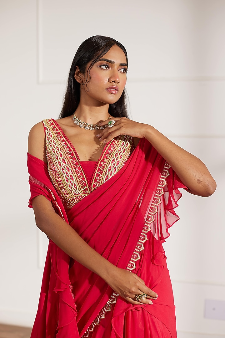 Coral Red Georgette & Organza Cutdana Hand Embroidered Wedding Lehenga Saree Set by SONAL PASRIJA at Pernia's Pop Up Shop