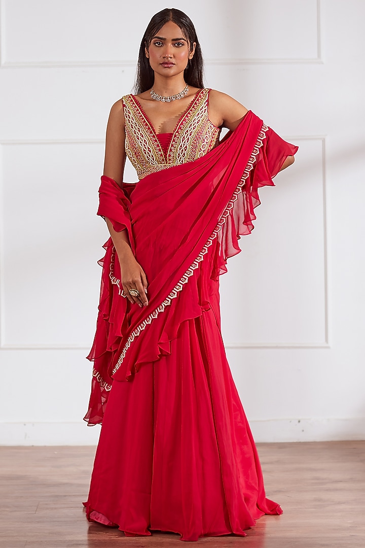 Coral Red Georgette & Organza Cutdana Hand Embroidered Wedding Lehenga Saree Set by SONAL PASRIJA at Pernia's Pop Up Shop