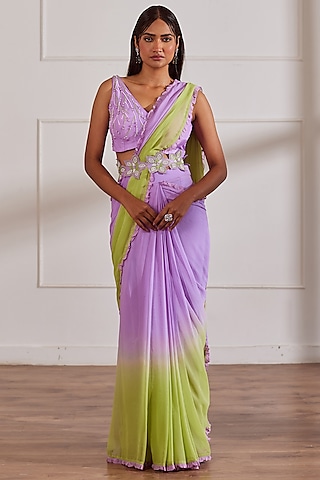 Lavender & Green Ombre Georgette Pre-Draped Saree Set by SONAL PASRIJA