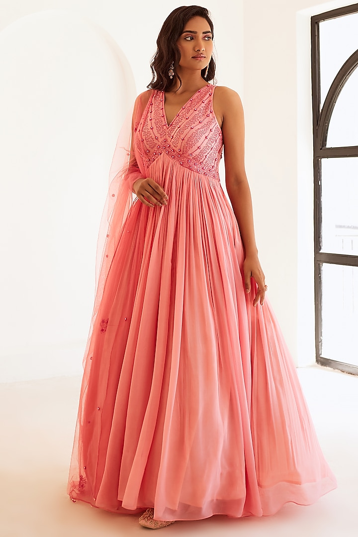 Peachish Pink Georgette & Silk Embellished Anarkali Set by SONAL PASRIJA at Pernia's Pop Up Shop