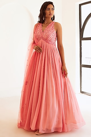 Peachish Pink Georgette & Silk Embellished Anarkali Set by SONAL PASRIJA