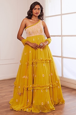 Yellow Organza Corset Anarkali Set Design by Pleats By Kaksha
