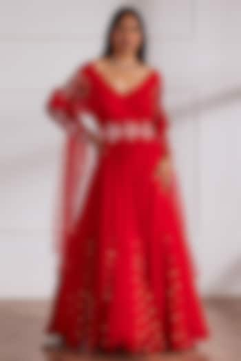 Red Georgette & Silk Embroidered Anarkali Set by SONAL PASRIJA at Pernia's Pop Up Shop