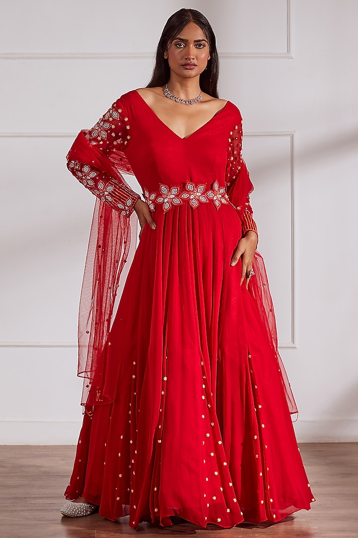 Red Georgette & Silk Embroidered Anarkali Set by SONAL PASRIJA at Pernia's Pop Up Shop