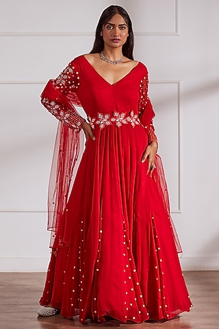 Red Georgette & Silk Embroidered Anarkali Set by SONAL PASRIJA