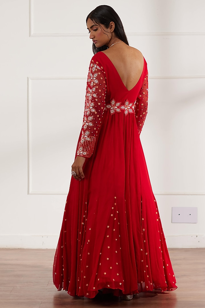 Red Georgette & Silk Embroidered Wedding Anarkali Set by SONAL PASRIJA at Pernia's Pop Up Shop