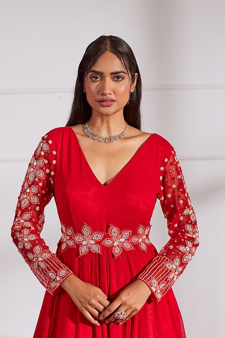 Red Georgette & Silk Embroidered Wedding Anarkali Set by SONAL PASRIJA at Pernia's Pop Up Shop