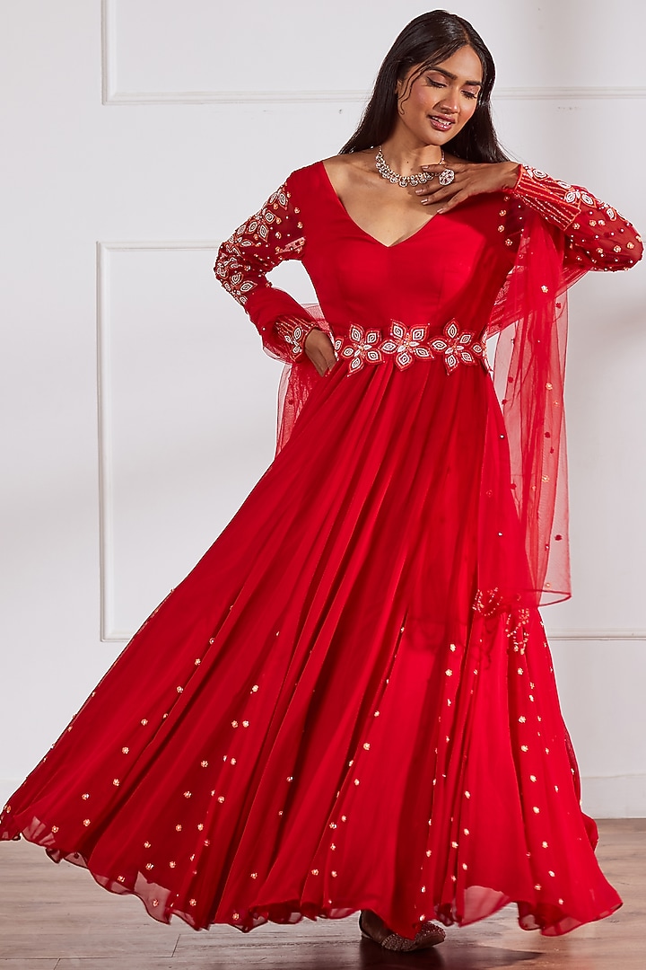 Red Georgette & Silk Embroidered Wedding Anarkali Set by SONAL PASRIJA at Pernia's Pop Up Shop