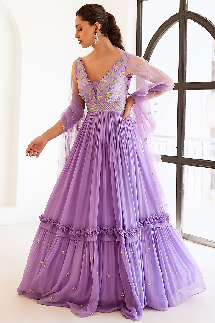 Lavender Georgette & Upada Silk Embroidered Wedding Anarkali Set by SONAL PASRIJA at Pernia's Pop Up Shop