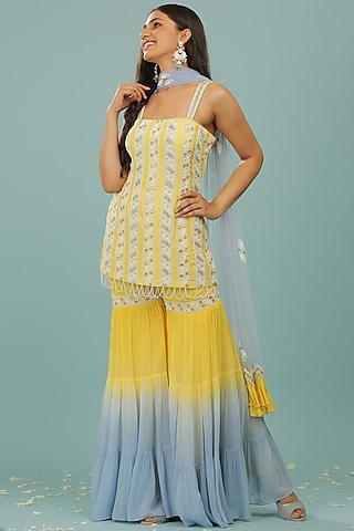 Lemon Yellow Ombre Opada Silk & Georgette Gharara Set by SONAL PASRIJA