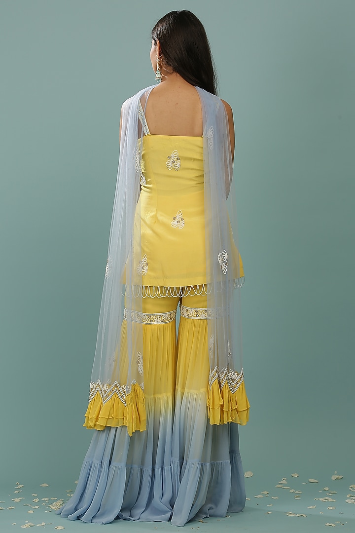 Lemon Yellow Ombre Opada Silk & Georgette Gharara Set by SONAL PASRIJA at Pernia's Pop Up Shop