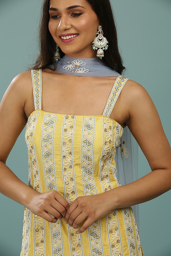 Lemon Yellow Ombre Opada Silk & Georgette Gharara Set by SONAL PASRIJA at Pernia's Pop Up Shop