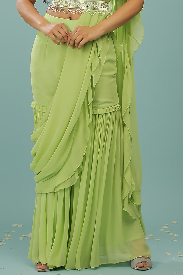 Pastel Green Opada Silk & Georgette Gharara Wedding Saree Set by SONAL PASRIJA at Pernia's Pop Up Shop