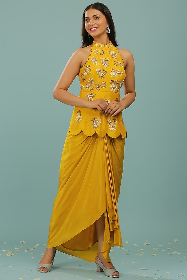 Mustard Yellow Draped Skirt Set by SONAL PASRIJA