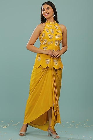 Mustard Yellow Draped Skirt Set by SONAL PASRIJA