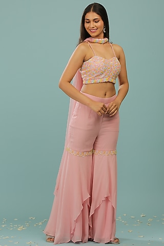Powder Pink Opada Silk & Georgette Gharara Set by SONAL PASRIJA